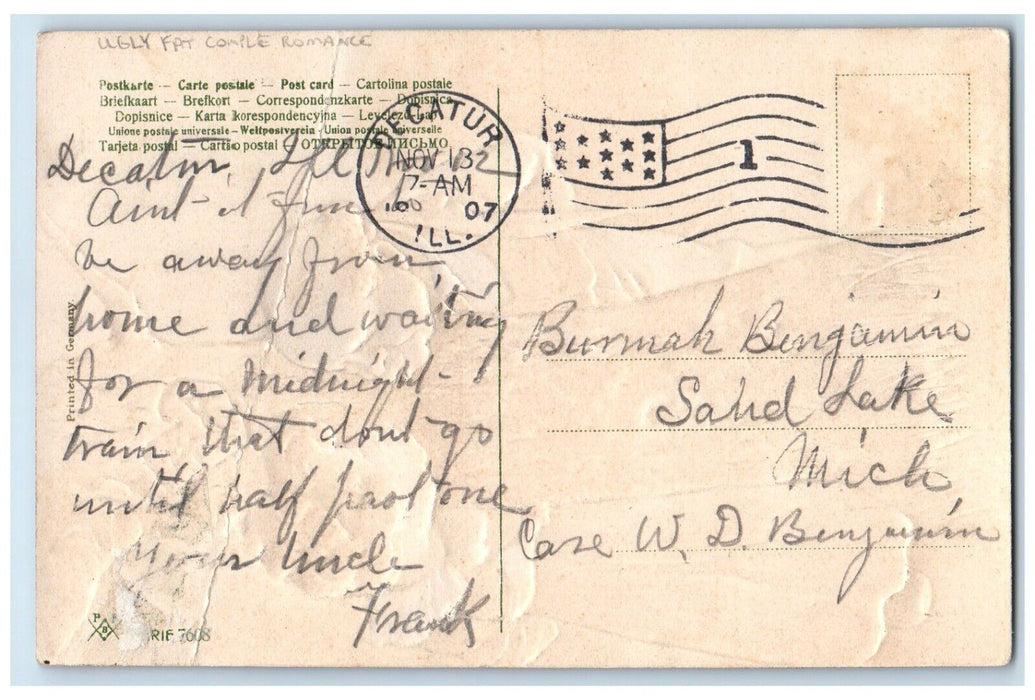 1907 Ugly Fat Couple Romance Decatur Illinois IL Embossed Antique Postcard