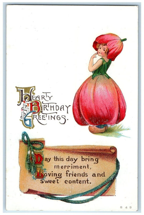 c1910's Birthday Greetings Dutch Girl Flower Hat Embossed Antique Postcard