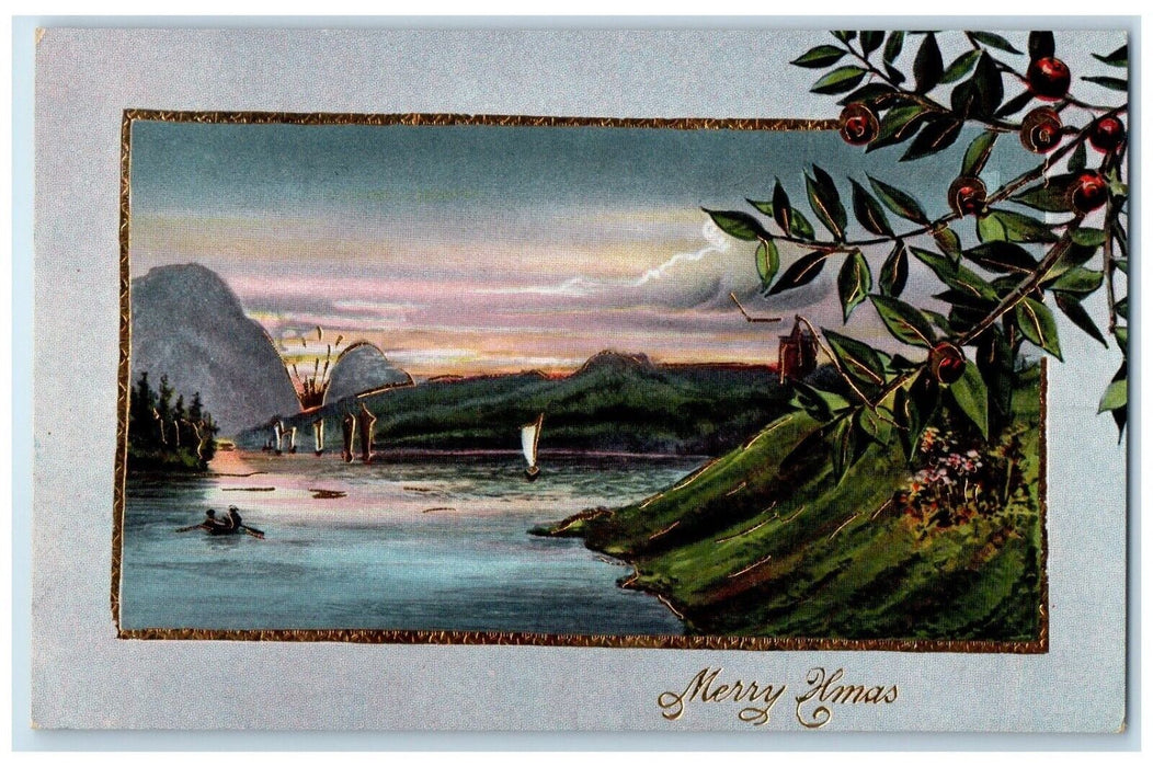c1910's Merry Christmas Lake View Boat Canoeing Berries Gel Gold Gilt Postcard