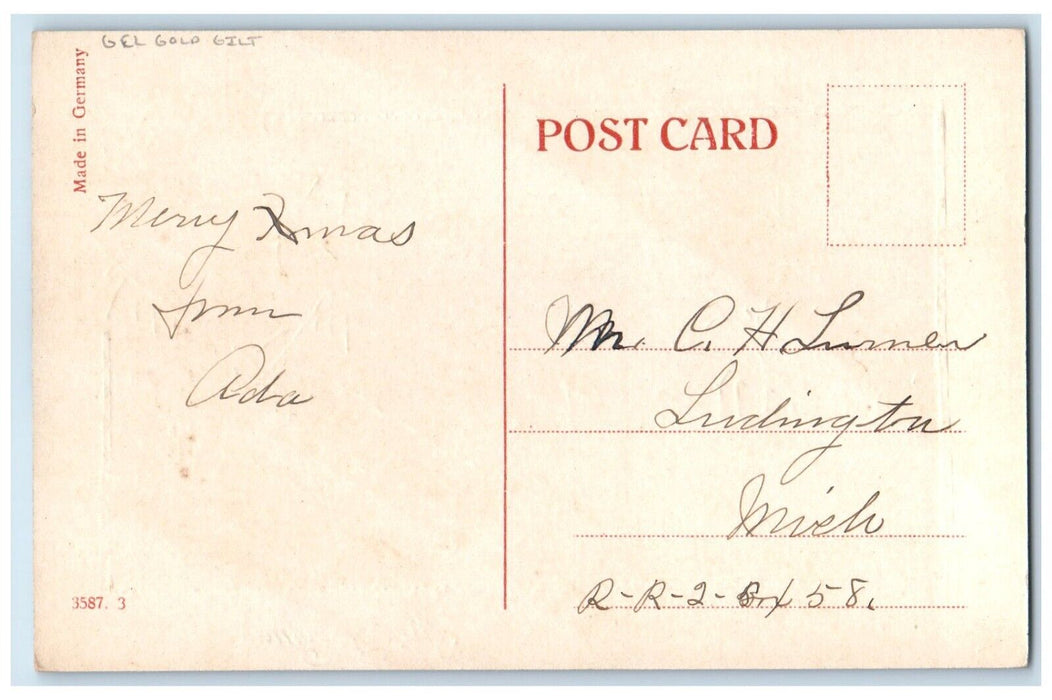 c1910's Merry Christmas Lake View Boat Canoeing Berries Gel Gold Gilt Postcard