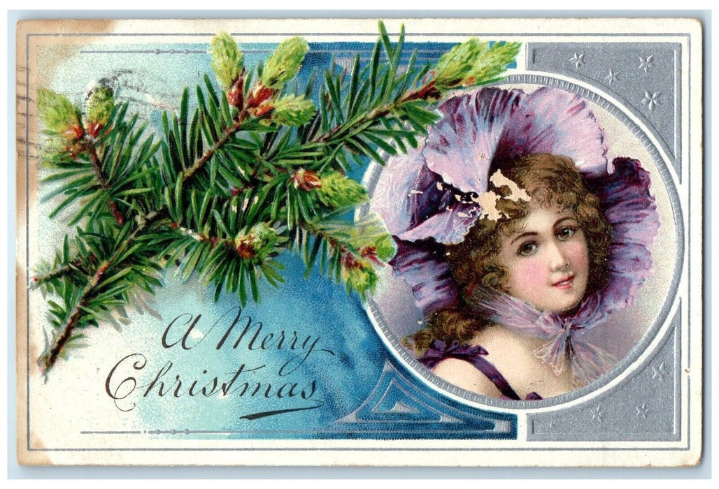1907 Merry Christmas Pretty Woman Pine Cone Embossed Grand Rapis MI Postcard