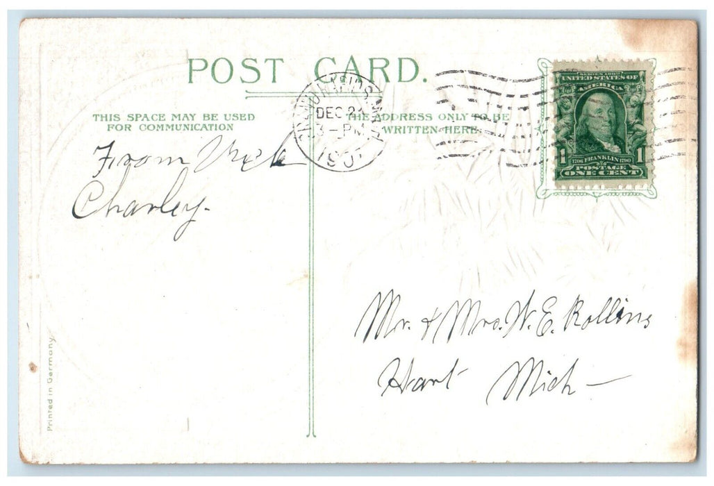 1907 Merry Christmas Pretty Woman Pine Cone Embossed Grand Rapis MI Postcard