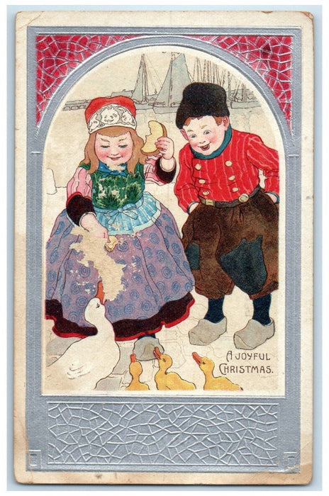 1908 Christmas Dutch Children Feeding Duck Ducklings Marquette MI Postcard
