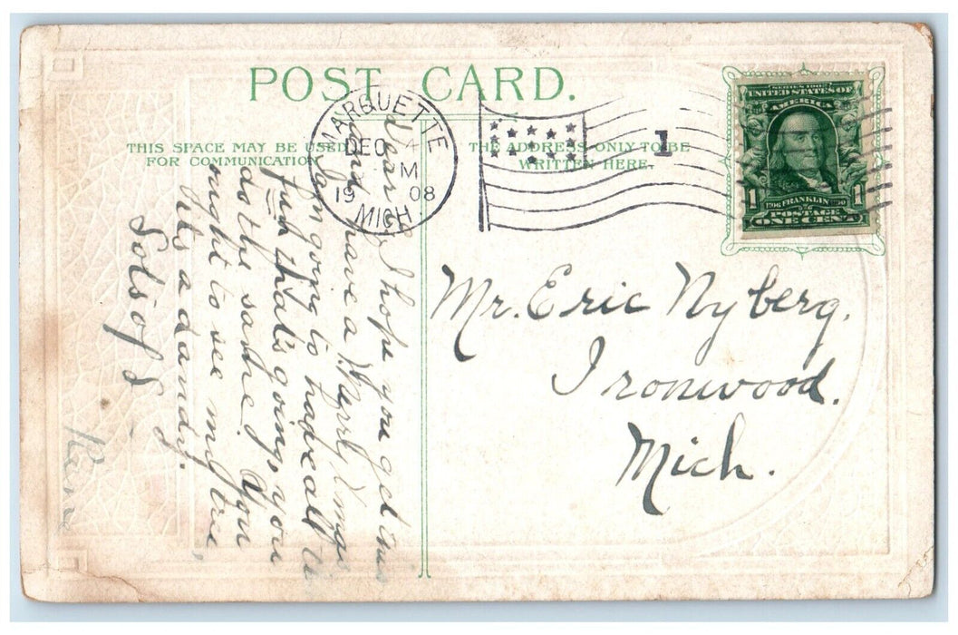 1908 Christmas Dutch Children Feeding Duck Ducklings Marquette MI Postcard