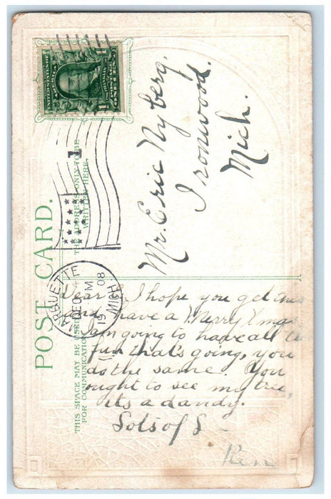 1908 Christmas Dutch Children Feeding Duck Ducklings Marquette MI Postcard