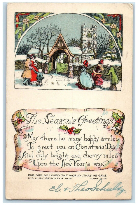 1935 Season's Greetings Family Holly Berries Mistletoe Posted Vintage Postcard