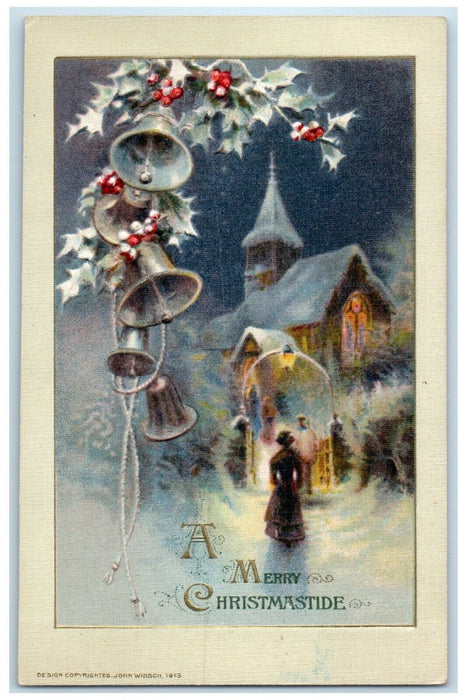 c1910's Christmas Ringing Bells Berries John Winsch Artist Signed Postcard