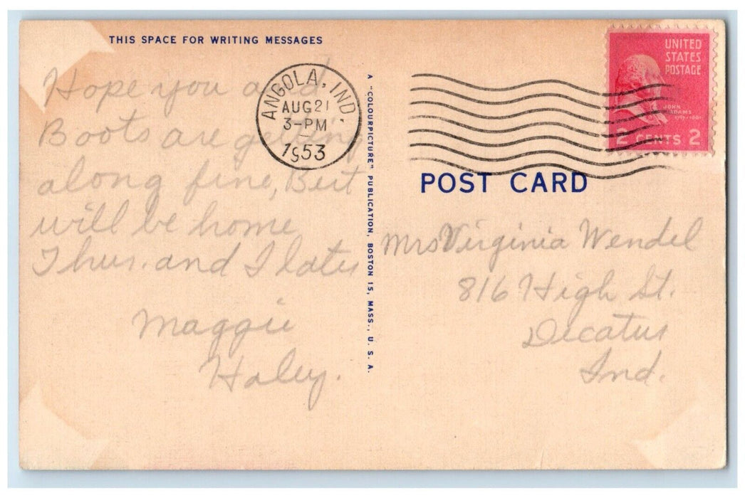 1953 Folks Hate To Leave This Place Train Angola Indiana IN Vintage Postcard