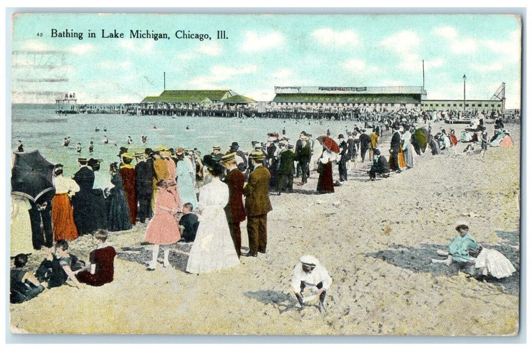 1909 Bathing Lake Michigan Ocean Crowd Chicago Illinois Antique Vintage Postcard