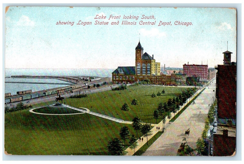 1908 Lake Front Logan Statue Illinois Central Depot Chicago Illinois IL Postcard