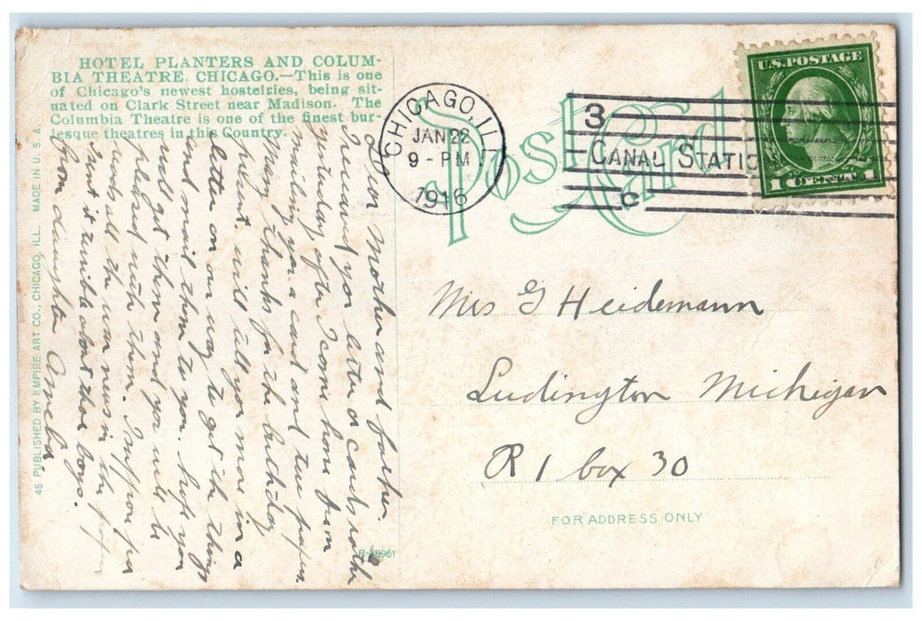 1916 Hotel Planter & Columbia Theatre Building Chicago Illinois Vintage Postcard