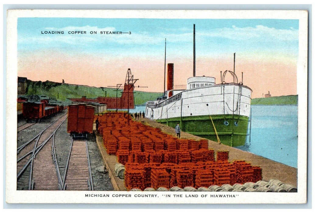 c1920 Loading Copper Steamer Michigan Copper County Land Hiawatha MI Postcard