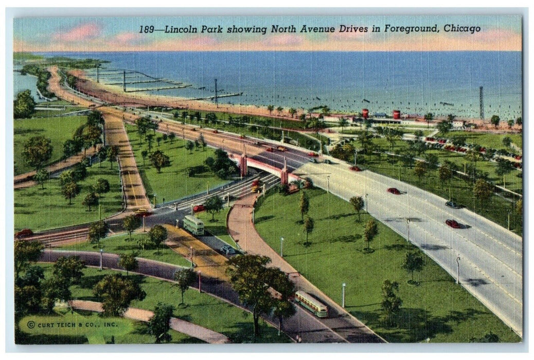 c1940 Lincoln Park Showing North Avenue Foreground Chicago Illinois IL Postcard