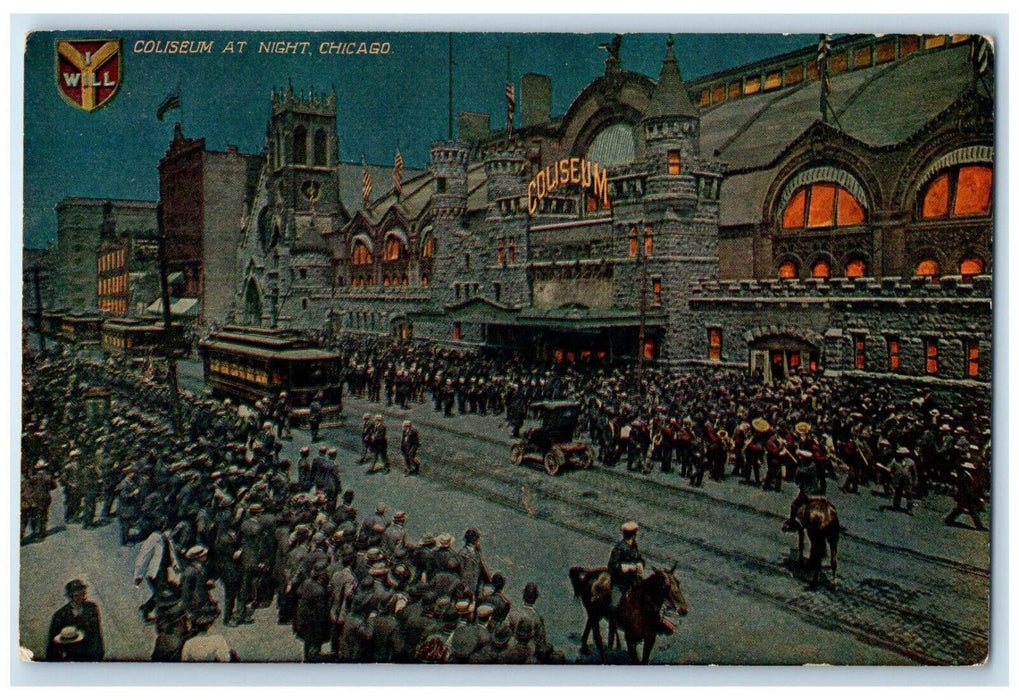 c1910 Coliseum Building Night Streetcar Trolley Crowd Chicago Illinois Postcard