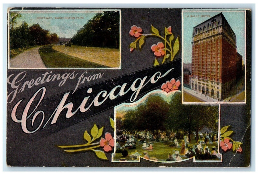 1910 Greetings From Chicago Driveway Washington Park La Salle Hotel IL Postcard