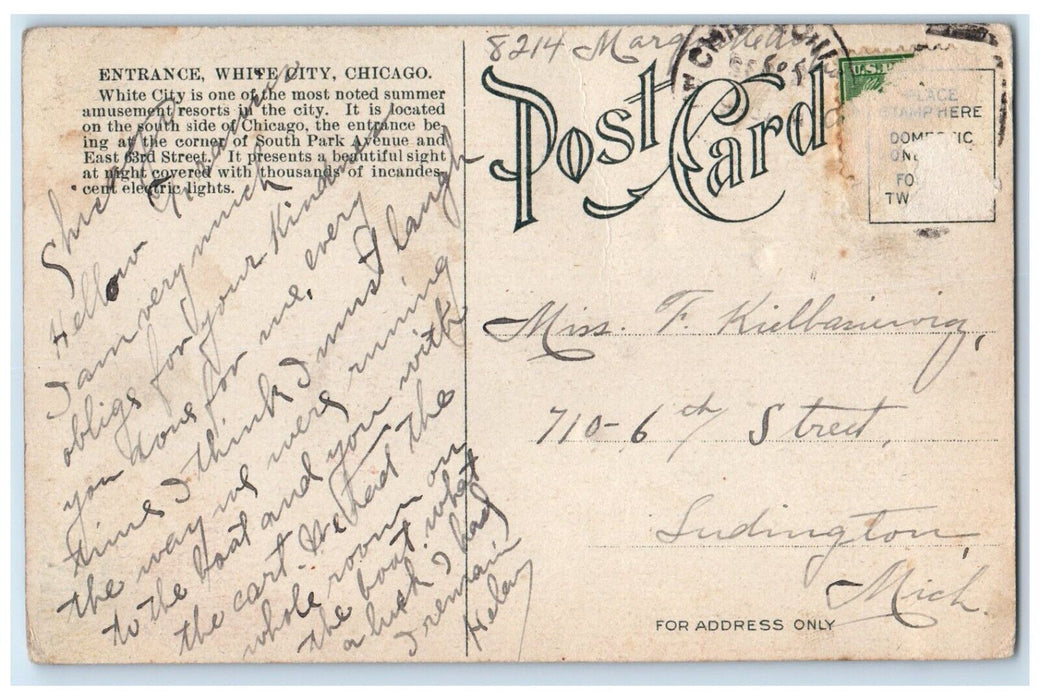 c1910 Entrance White City Building Amusement Resorts Chicago IL Posted Postcard