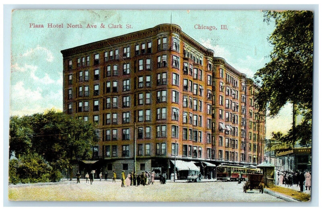 1912 Plaza Hotel Building Streetcar North Ave Clark St Chicago Illinois Postcard