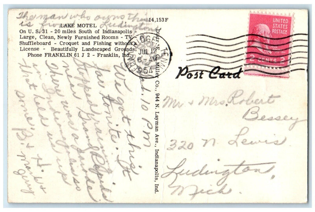 1954 View Of Lake Motel Franklin Indiana IN, Oak Ridge Tennessee TN Postcard