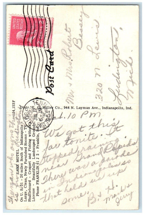 1954 View Of Lake Motel Franklin Indiana IN, Oak Ridge Tennessee TN Postcard