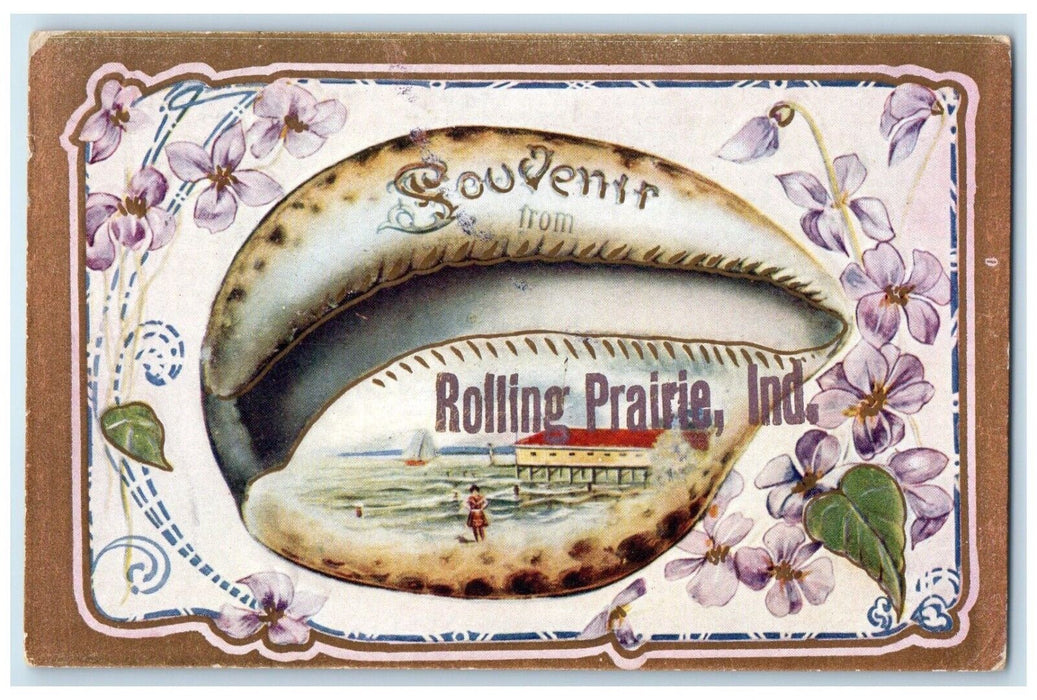 1909 Souvenir Rolling Prairie Indiana IN, Shell And Flowers Antique Postcard