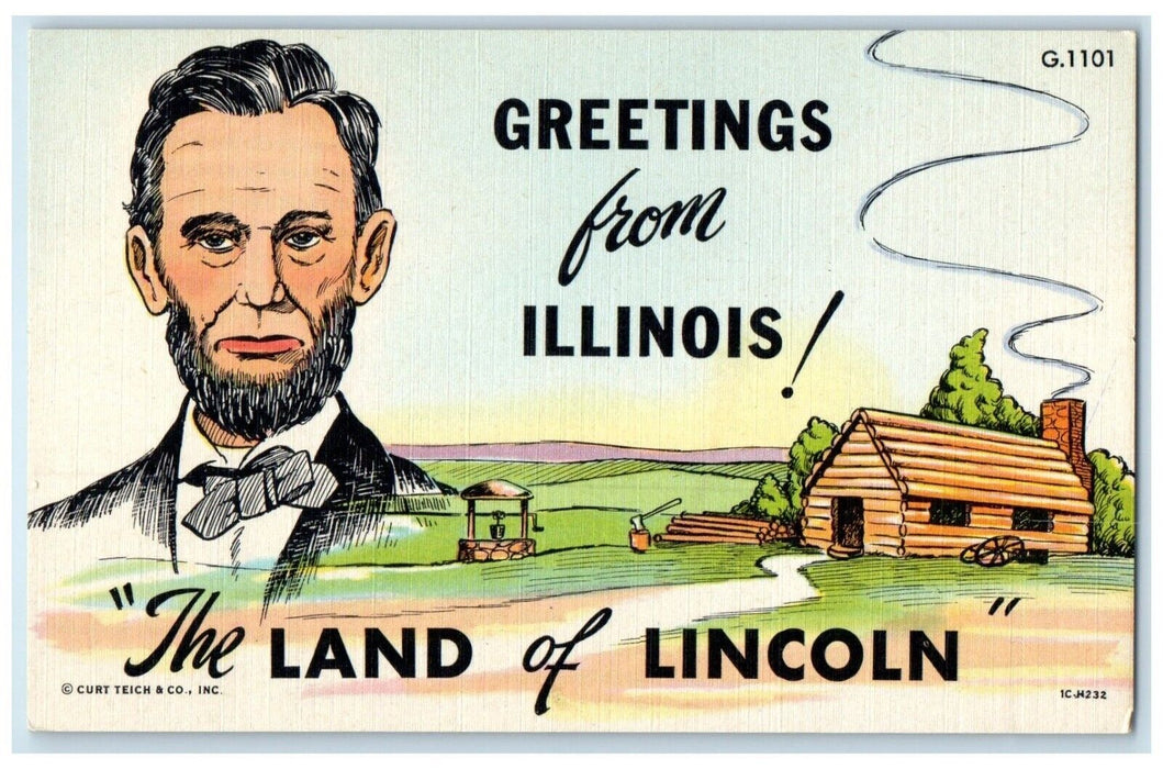 c1940 Greetings Land Lincoln From Hut Chimney Exterior Chicago Illinois Postcard