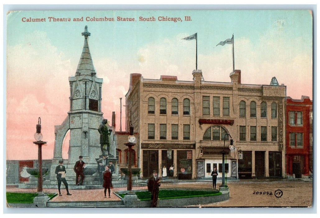 c1910's Calumet Theatre And Columbus Statue South Chicago Illinois IL Postcard