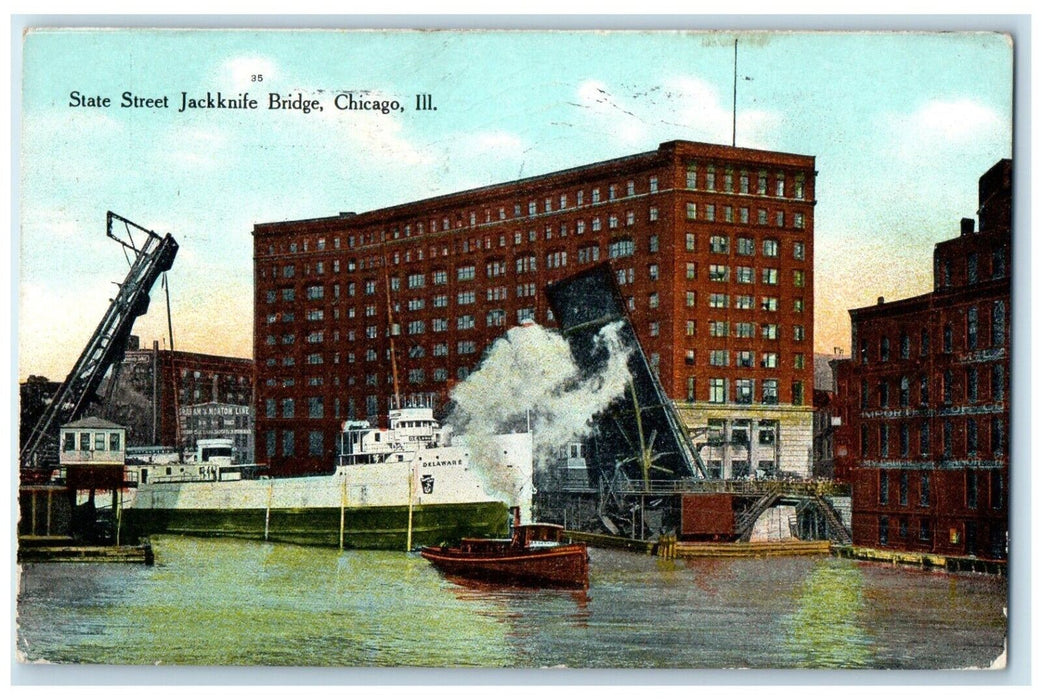 1909 State Street Jackknife Bridge Steamer Chicago Illinois IL Vintage Postcard