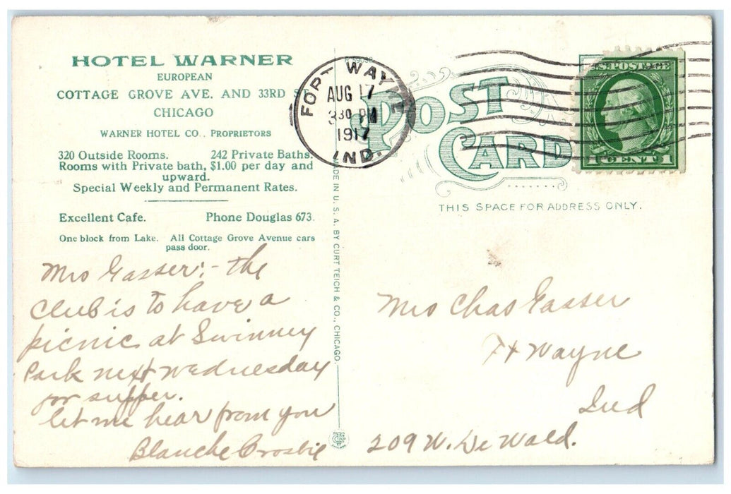 1917 Aerial Hotel Warner Building Cottage Grove Ave Chicago Illinois IL Postcard
