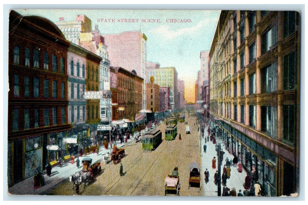 1909 State Street Scene Streetcars Horse Carriage Chicago Illinois IL Postcard