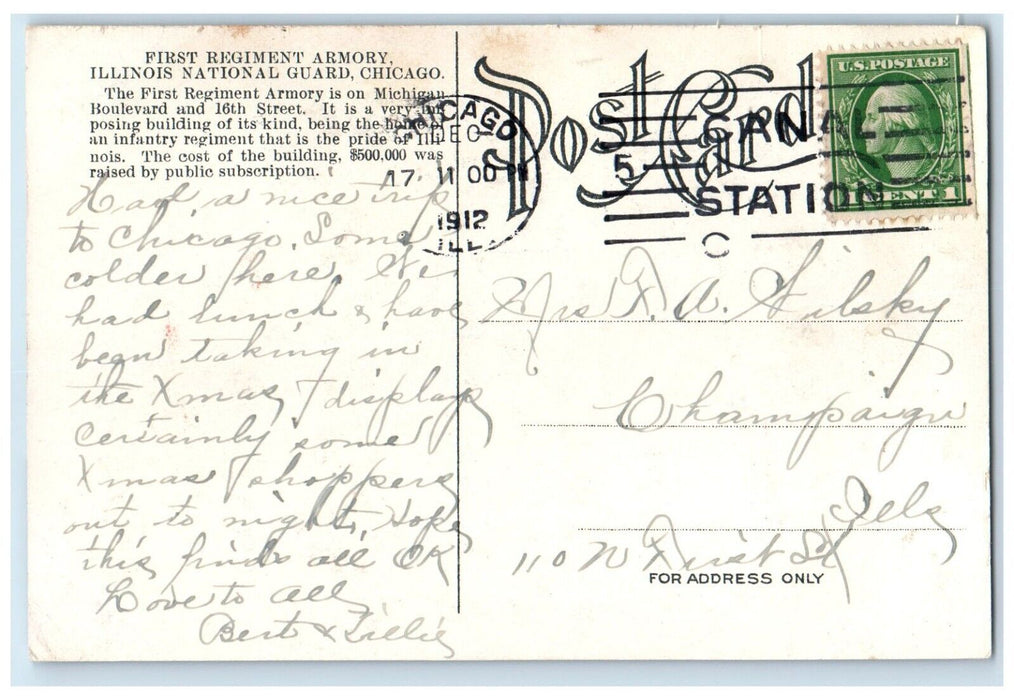 1912 First Regiment Armory Illinois National Guard Chicago Illinois IL Postcard