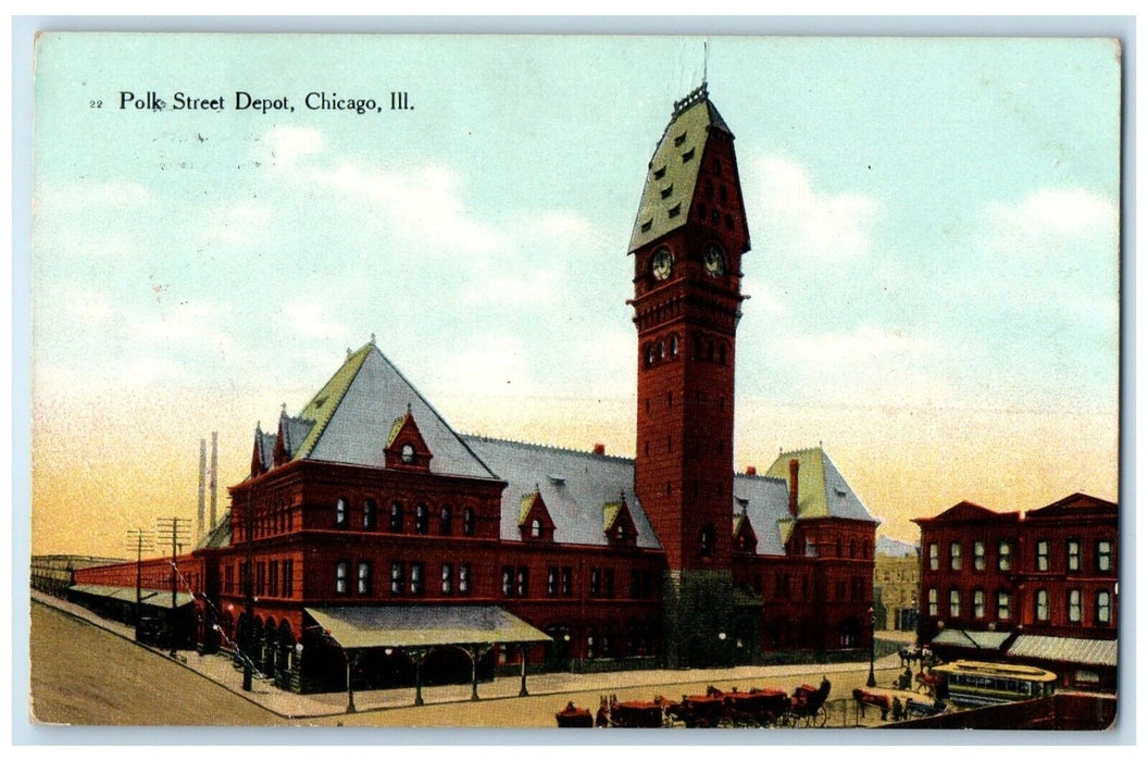 1909 Polk Street Depot Train Tower Clock Chicago Illinois IL Antique Postcard