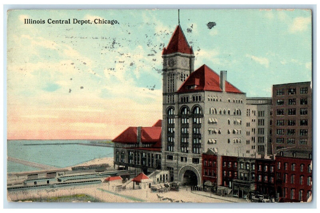 c1910's Illinois Central Depot Railroad Train Tower Clock Chicago IL Postcard