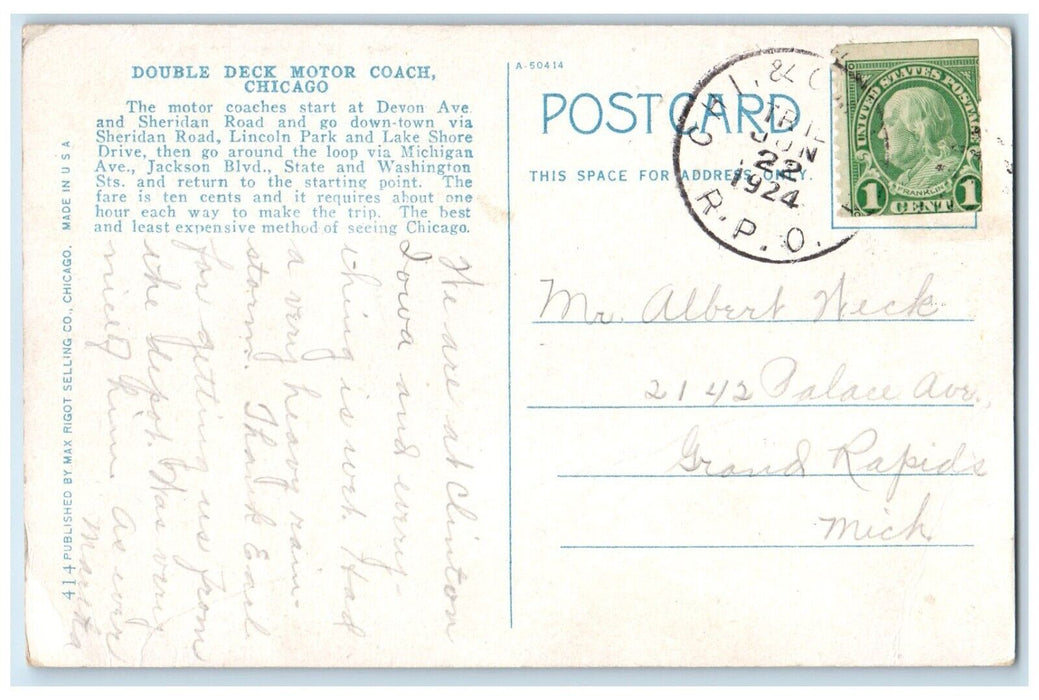 1924 Double Deck Motor Coach Chicago Illinois IL, Chicago Motorbus Co. Postcard