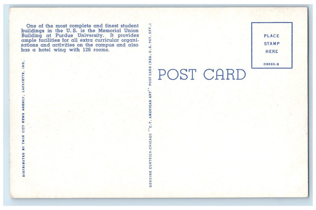 c1940 Memorial Union Building Purdue University Lafayette Indiana IN Postcard