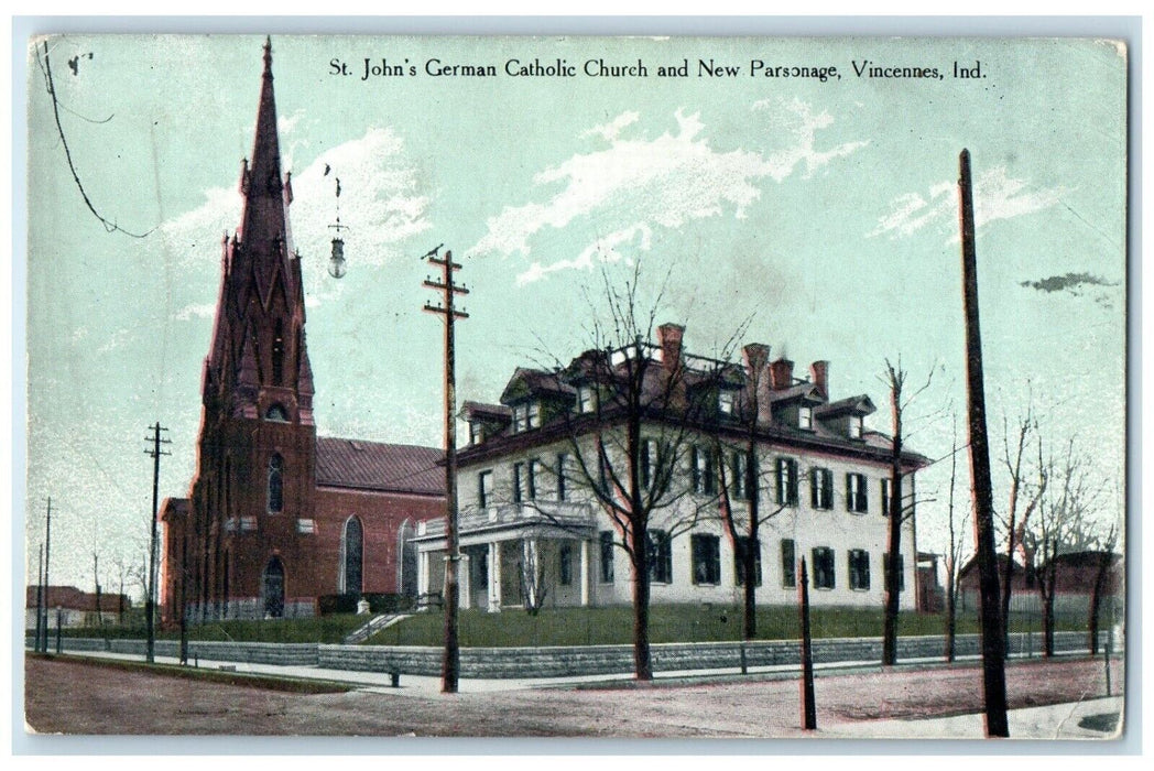 c1910 St John German Catholic Church New Parsonage Vincennes Indiana IN Postcard