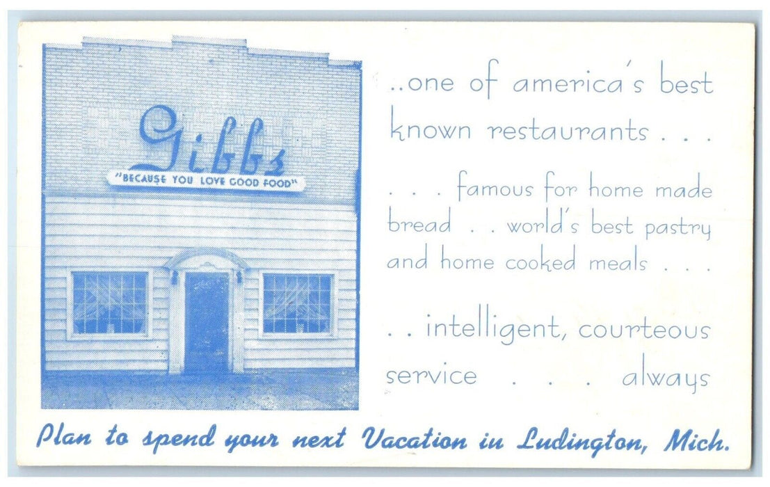 1954 Gibbs Restaurant Ludington Michigan MI Vintage Antique Unposted Postcard