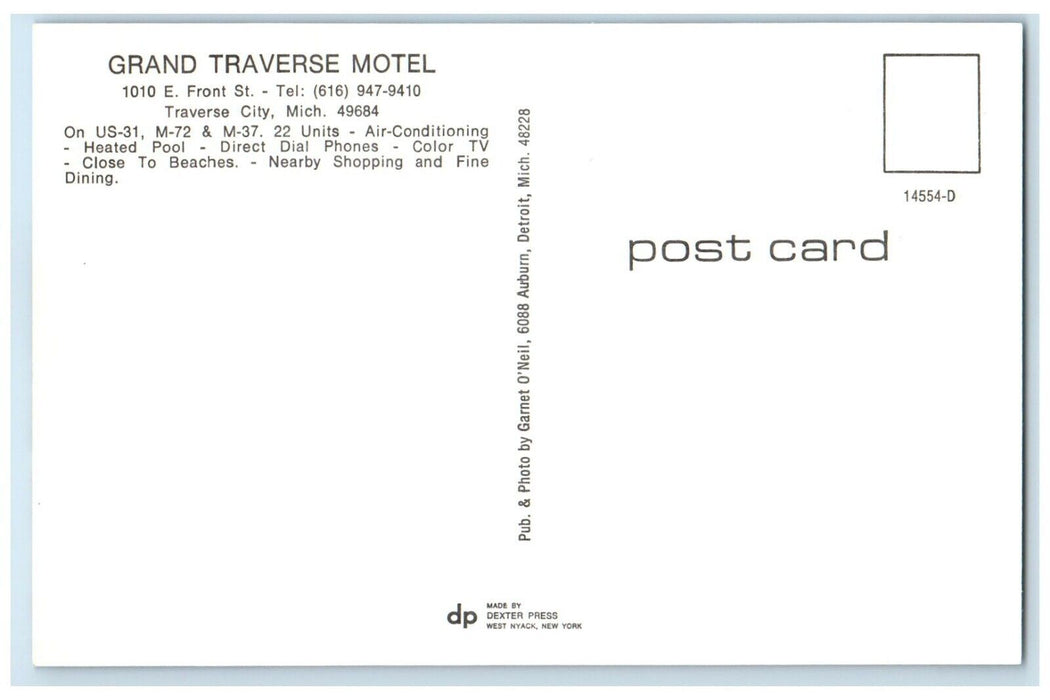 c1960 Grand Traverse Motel Traverse City Michigan MI Vintage Unposted Postcard