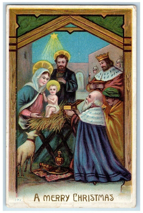 c1910's Merry Christmas Religious Lamb Embossed Hart Michigan MI Postcard
