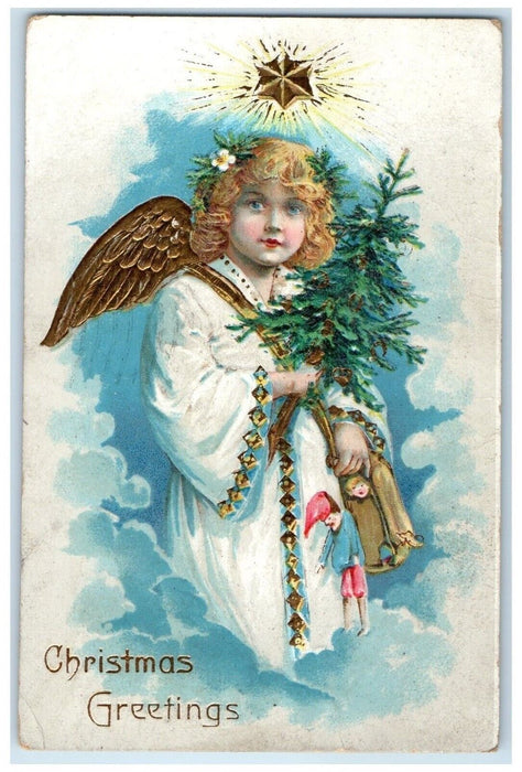 1912 Christmas Greetings Angel Holding Christmas Tree Ludington MI Postcard