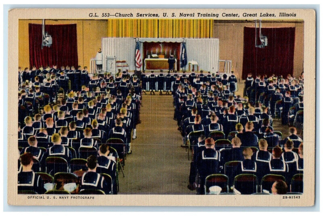 c1940 Church Services U.S. Naval Training Center Great Lakes Illinois Postcard