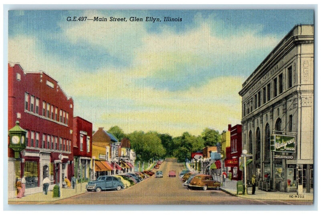 c1940 Main Street Exterior Building Classic Cars Glen Ellyn Illinois IL Postcard