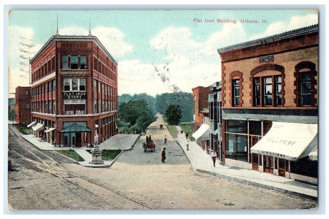 1909 Flat Iron Building Store Exterior Horse Carriage Urbana Illinois Postcard
