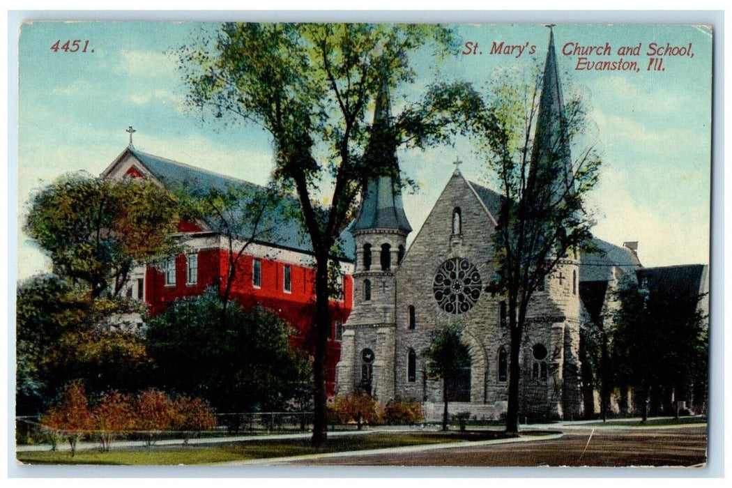 1915 St. Mary's Church School Exterior Building Road Evanston Illinois Postcard