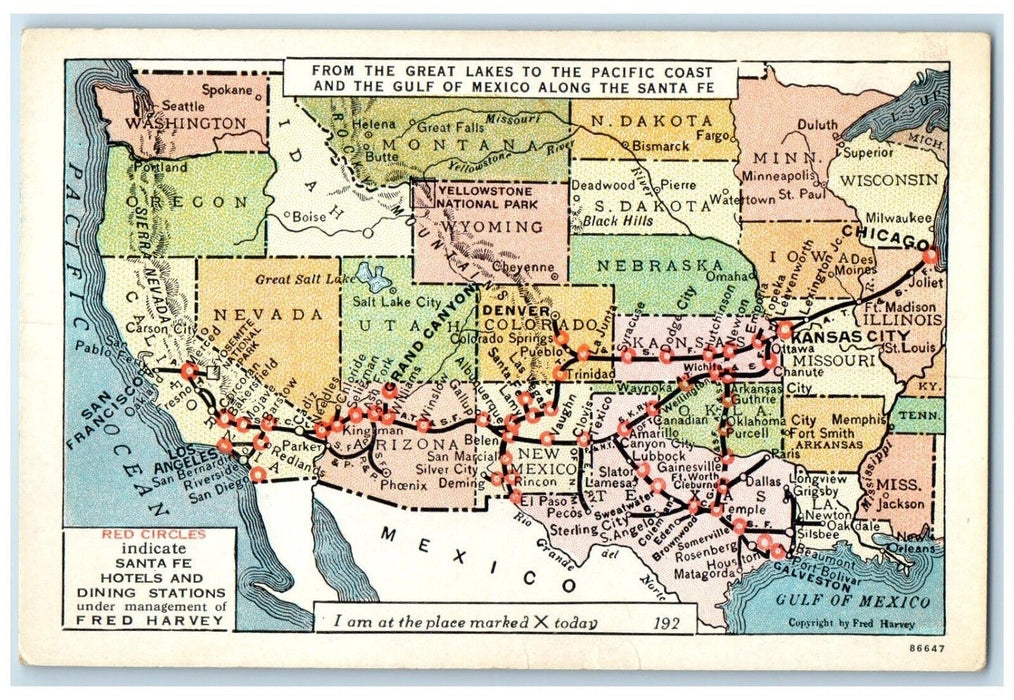 1910 Map Red Circles Santa Fe Hotels Dining Station Fred Harvey Vintage Postcard