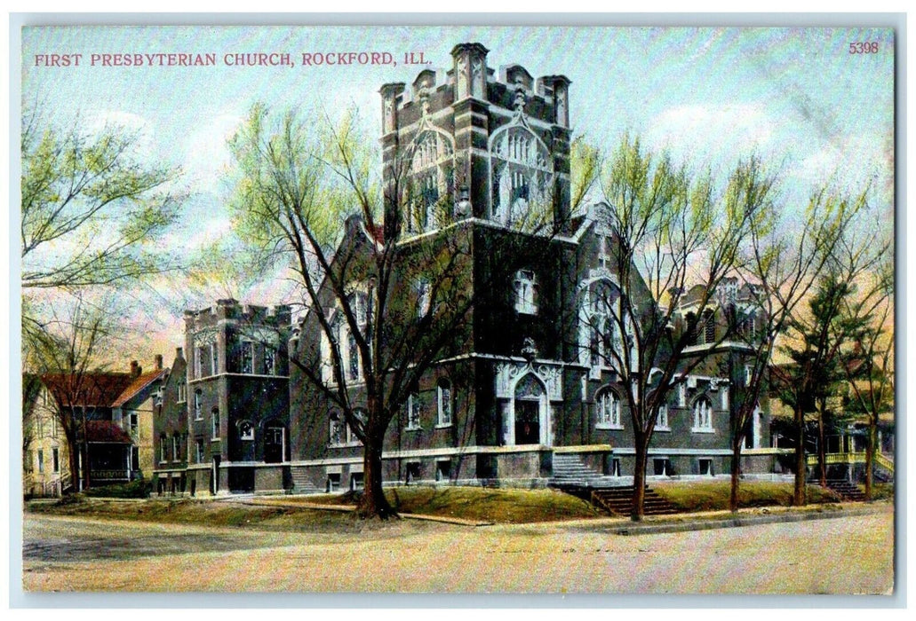 c1910 First Presbyterian Church Chapel Exterior Road Rockford Illinois Postcard