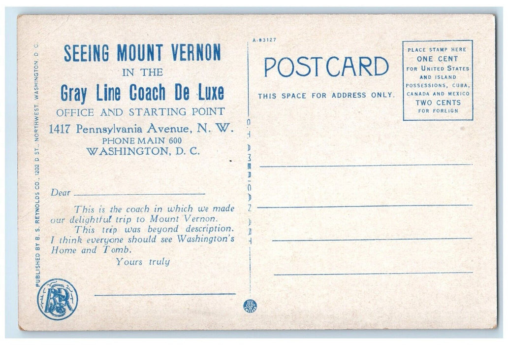 c1920 Gray Line Motor Tours Coach De Luxe Car Alexandria Washington DC Postcard