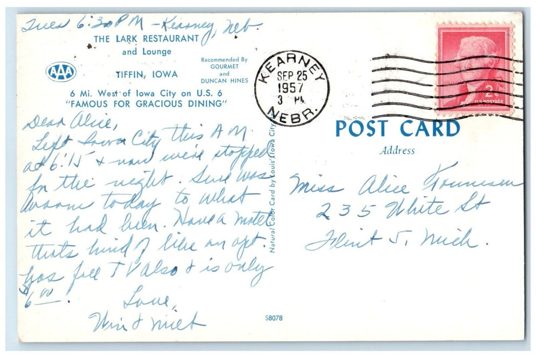 1957 Interior View Dining Room Lark Restaurant Lounge Tiffin Iowa IA Postcard