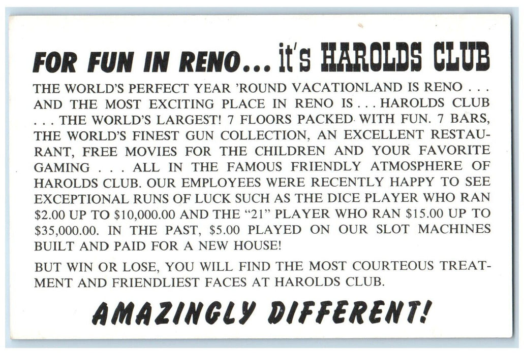 c1960 For Fun Reno Harolds Club Building Reno Nevada NV Vintage Antique Postcard