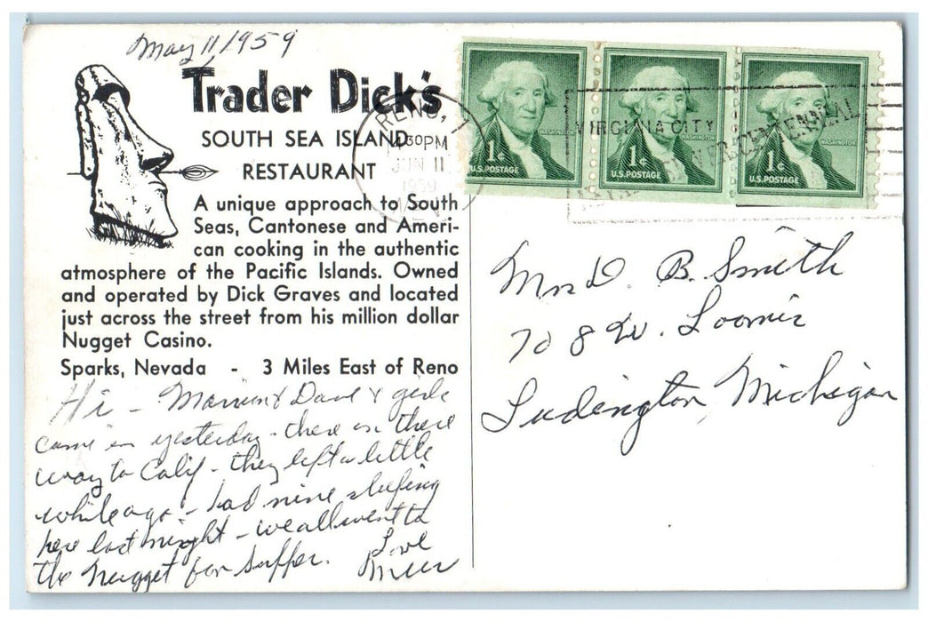 1959 Trader Dicks South Sea Island Restaurant Reno Nevada NV Vintage Postcard