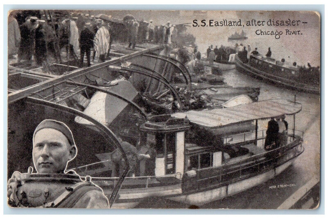 c1910 SS Eastland After Disaster Chicago River Chicago Illinois Vintage Postcard